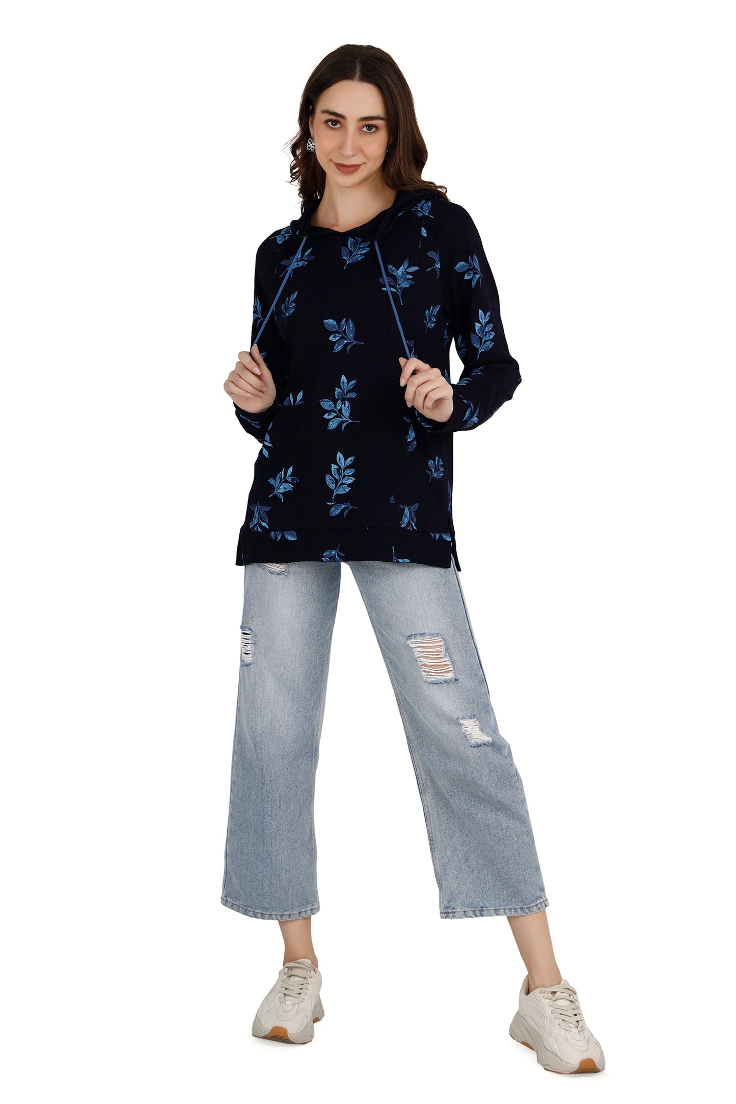 Women's Floral Navy Blue Maternity Hoodie