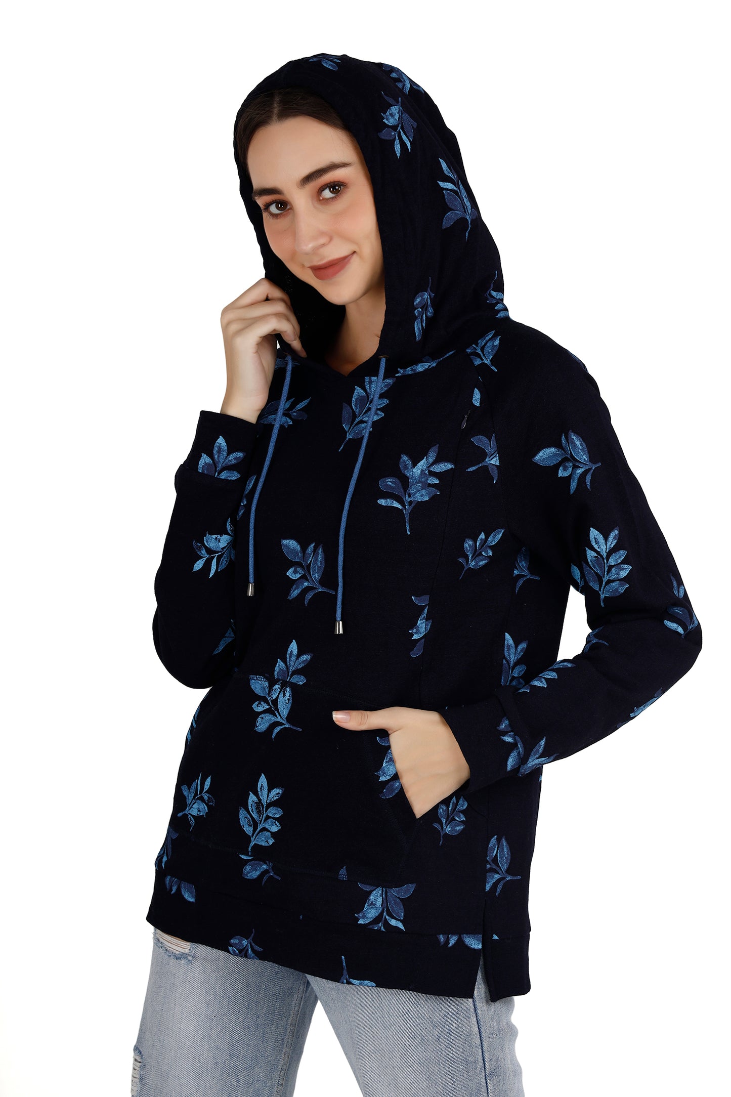 Women's Floral Navy Blue Maternity Hoodie