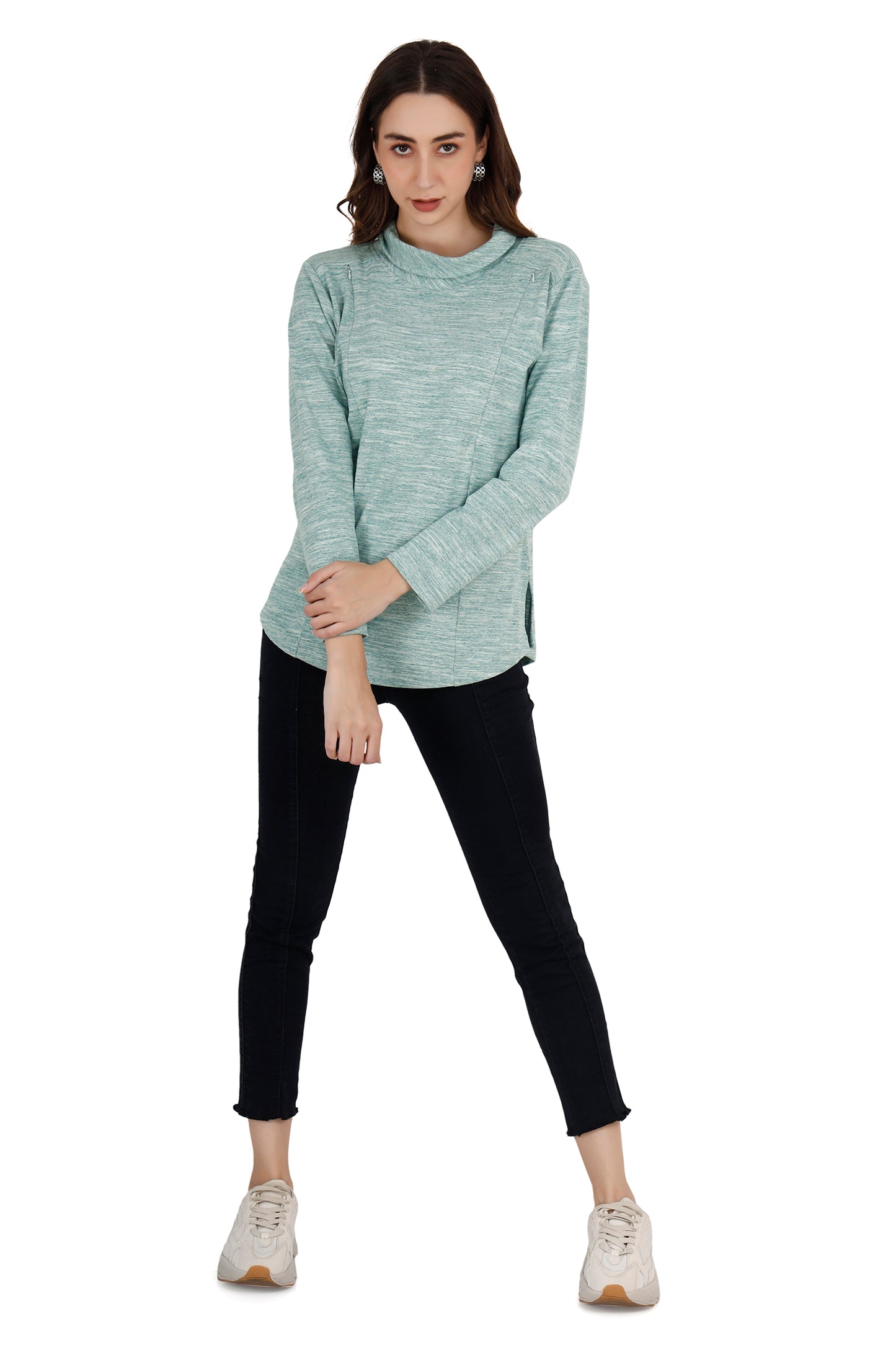 Women's Shovel Neck Textured Green Relaxed Maternity Sweatshirt