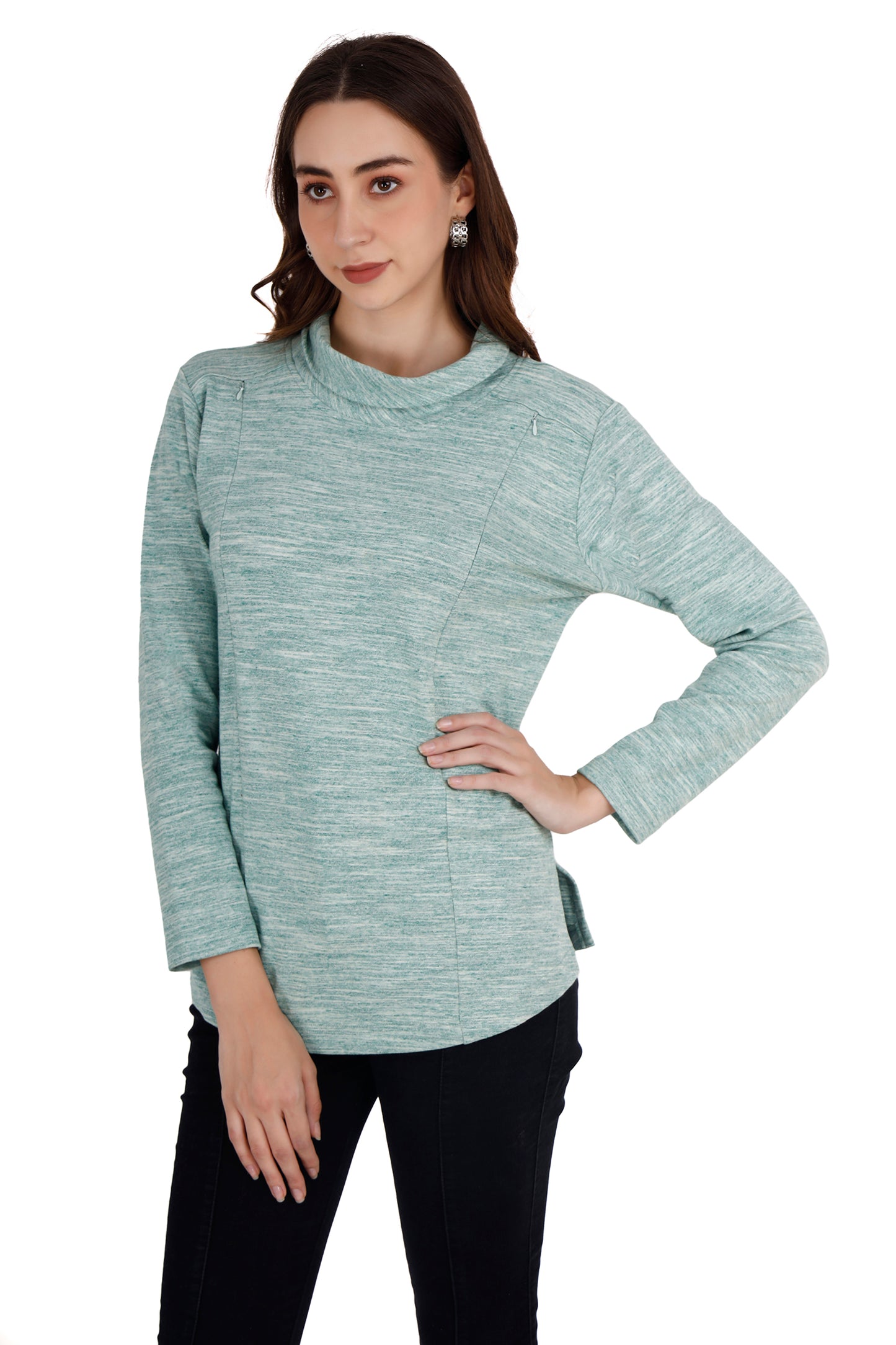 Women's Shovel Neck Textured Green Relaxed Maternity Sweatshirt