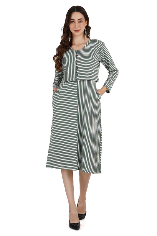 Womens's Green & White Maternity Cardigan Dress For Winter