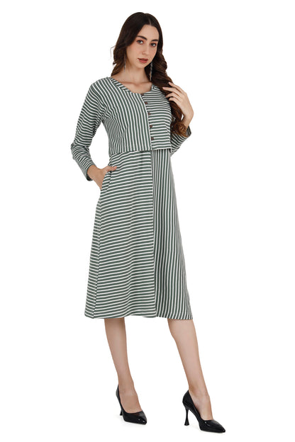 Womens's Green & White Maternity Cardigan Dress For Winter