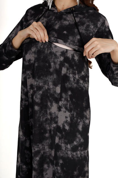 Tie & Dye - Dark Gray Women's Maternity Hoodie Dress