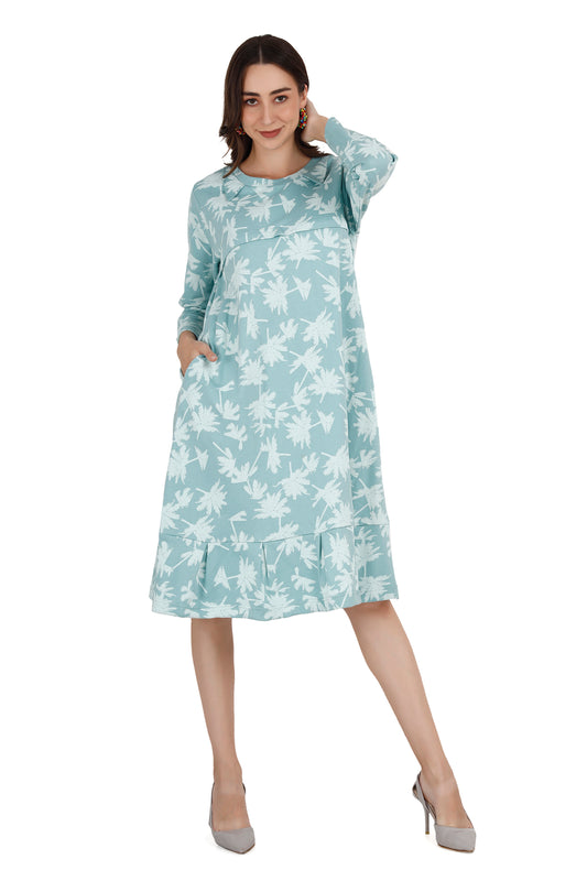 Women's Teal Palm Printed Maternity Dress