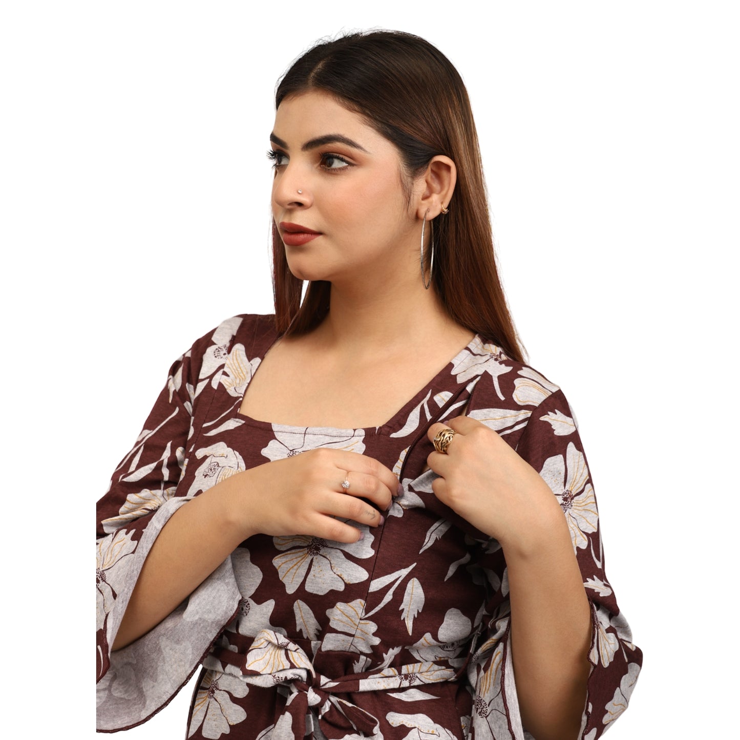 Crimson Maroon - Floral Maternity Dress For Women